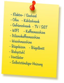 - Elektro- / Gasherd  - Ofen   - K�hlschrank  - Gefrierschrank  - TV / SAT  - WIFI     - Kaffeemaschine  - Itilianokaffeemaschine  - Waschmaschine    - B�geleisen    - B�gelbrett  - Babystuhl  - Ventilator   - Selbstst�ndiger Heizung